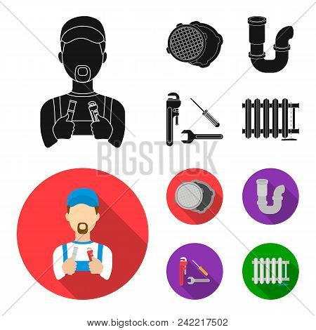 Sewage Hatch, Tool, Radiator.plumbing Set Collection Icons In Black, Flat Style Vector Symbol Stock 
