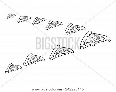Pizza Slices Fly Like Flock Of Birds Coloring Retro Vector Illustration. Isolated Image On White Bac