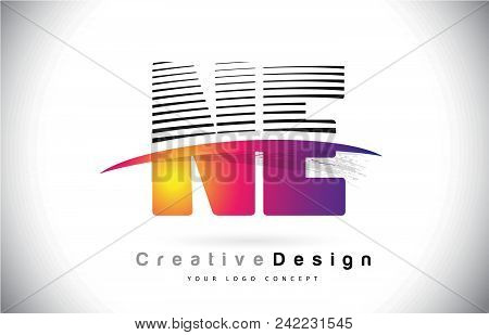 Ne N E Letter Logo Design With Creative Lines And Swosh In Purple Brush Color Vector Illustration.