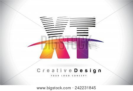 Xt X T Letter Logo Design With Creative Lines And Swosh In Purple Brush Color Vector Illustration.