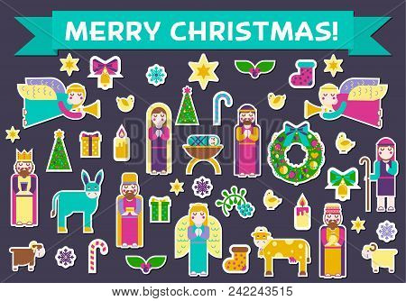 Merry Christmas Sticker Icons Flat Set Background. Vector Birth Of Christ Illustration Background