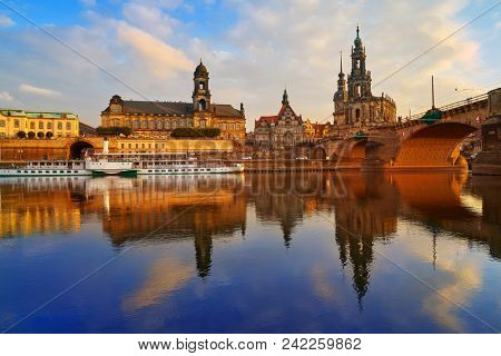 Dresden skyline reflecion in Elbe river at sunset in Saxony of Germany