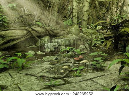 Fantasy Lake Full Of Wild Vegetation. 3d Illustration.
