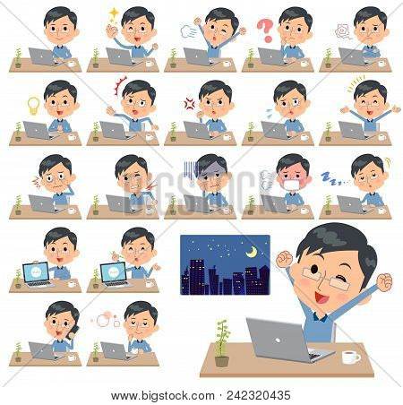 Set Of Various Poses Of Blue Clothing Glass Dad_desk Work
