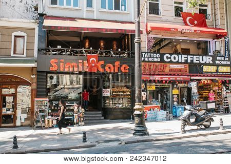 Istanbul, June 16, 2017: A Popular Street Cafe In European Part Of Istanbul. Ommunication Of People,