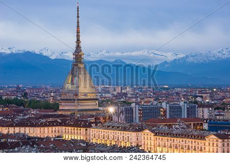 Torino, Italy - May 14, 2018: Turin Skyline At Dusk, Panorama Cityscape With The Mole Antonelliana S