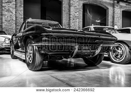 Berlin - May 06, 2018: Sports Car Chevrolet Corvette Sting Ray (c2). Black And White. Exhibition 31.