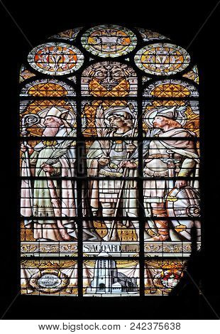PARIS, FRANCE - JANUARY 10: Saint Agoard of Creteil, stained glass window in the Saint Augustine church in Paris, France on January 10, 2018.