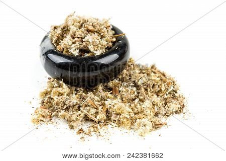 Dried Mullein Leaf Tea In A Bowl Isolated On A White Background