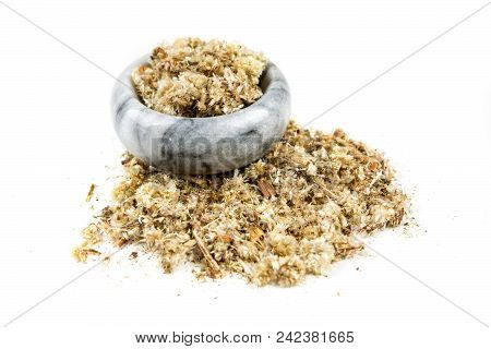 Dried Mullein Leaf Tea In A Bowl Isolated On A White Background