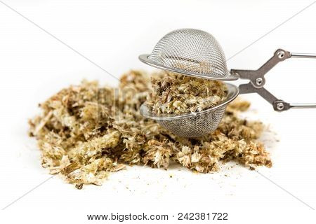 Dried Mullein Leaf Tea In An Infuser Isolated On A White Background