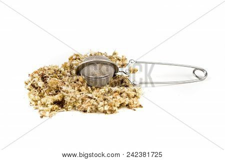 Dried Mullein Leaf Tea In An Infuser Isolated On A White Background
