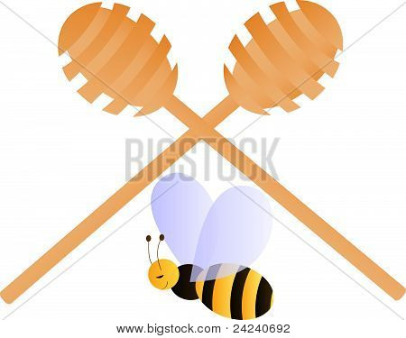 Pszczoła siedzi pod dwa skrzyżowane miód dippers