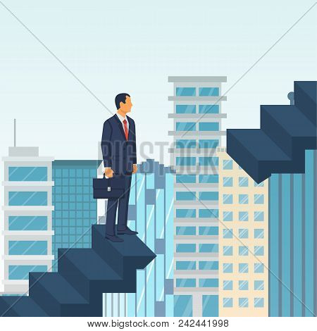 Problemma On The Career Path. Businessman Is Climbing Career Ladder On Background Of A Big City. Con
