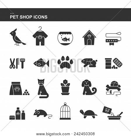 Isolated Black Collection Icons Of Dog, Cat, Parrot, Fish, Aquarium, Animal Food, Collar, Turtle, Ke