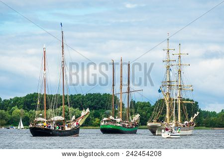 Sailing Ships During The Hansesail In Rostock, Germany.