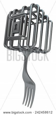 Fork Cage Form Surreal Object, 3d Illustration, Vertical, Isolated, Over White