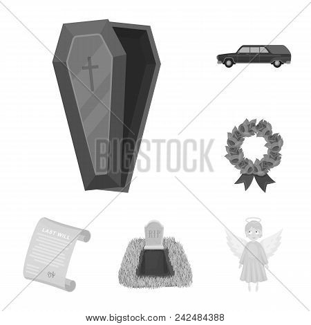 Funeral Ceremony Monochrome Icons In Set Collection For Design. Funerals And Attributes Vector Symbo
