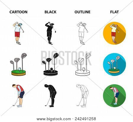 Stand For A Golf Club, Muzhchin Playing With A Club, Basket With Balls, Label With A Flag On The Gol