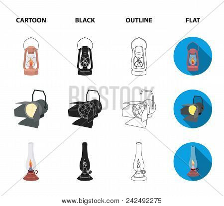 Searchlight, Kerosene Lamp, Candle, Flashlight.light Source Set Collection Icons In Cartoon, Black, 