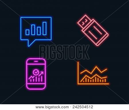 Neon Lights. Set Of Usb Flash, Analytical Chat And Smartphone Statistics Icons. Trade Infochart Sign