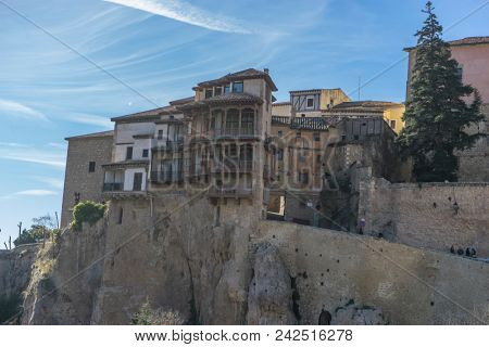 CUENCA, SPAIN, December 11, 2016 - Casa Colgadas in Cuenca, Spain is built on the edge of a cliff
