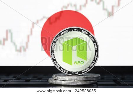 Neo Cryptocurrency; Neo Coin On The Background Of The Flag Of Japan
