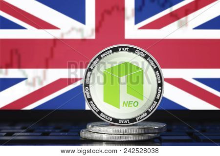 Neo Cryptocurrency; Neo Coin On The Background Of The Flag Of United Kingdom Of Great Britain And No