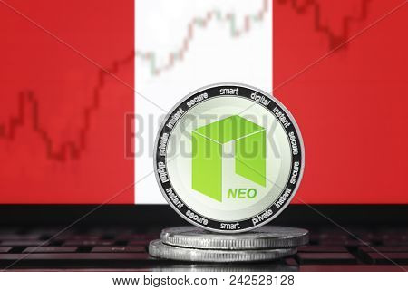 Neo Cryptocurrency; Neo Coin On The Background Of The Flag Of Peru