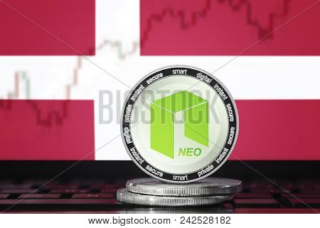 Neo Cryptocurrency; Neo Coin On The Background Of The Flag Of Denmark