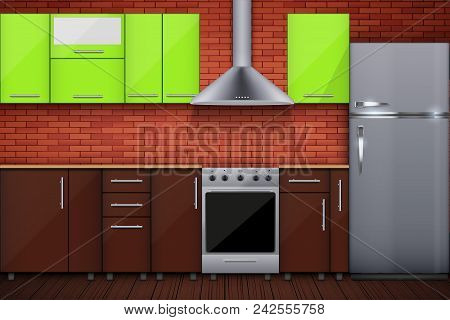 Typical Modular Kitchen. Brick Wall And Cabinets With Kitchen Hoods And Silver Friedge Freezer. Samp