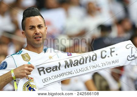 Kyiv, Ukraine - May 26, 2018: Real Madrid Supporter Shows His Support During The Uefa Champions Leag