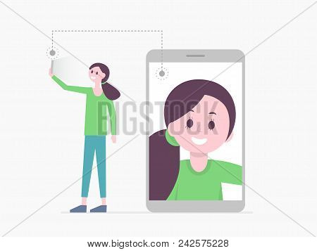 Poster With Cheerful Young Woman Standing Taking Self Portrait And Screen Of Smartphone On Which Gir