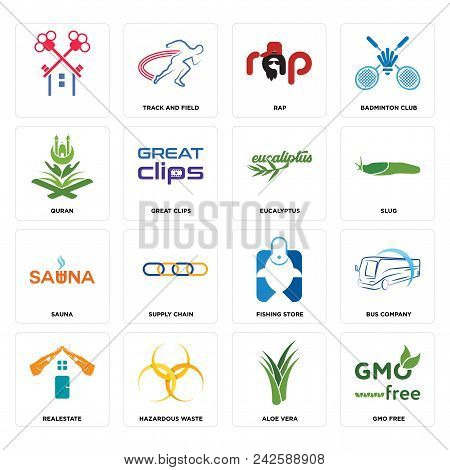 Set Of 16 Simple Editable Icons Such As Gmo Free, Aloe Vera, Hazardous Waste, Realestate, Bus Compan