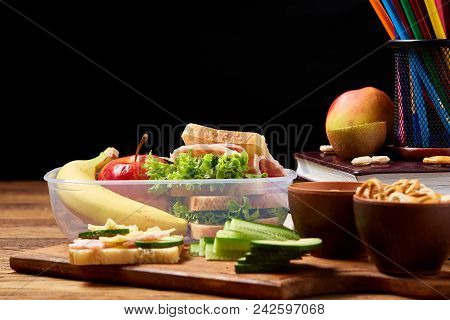 Healthy Eating Kid's Menu On School Lunch Background, Shallow Depth Of Field, Close-up.