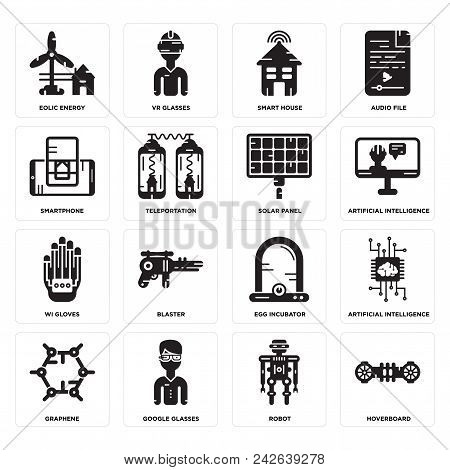 Set Of 16 Simple Editable Icons Such As Hoverboard, Robot, Google Glasses, Graphene, Artificial Inte
