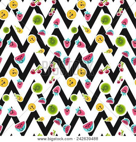 Vector Summer Fruits Patterns In Cartoon Style. Fruits And Berries With Blac And White Stripes. Swee