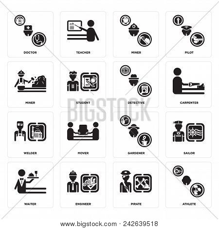 Set Of 16 Simple Editable Icons Such As Athlete, Pirate, Engineer, Waiter, Sailor, Doctor, Miner, We