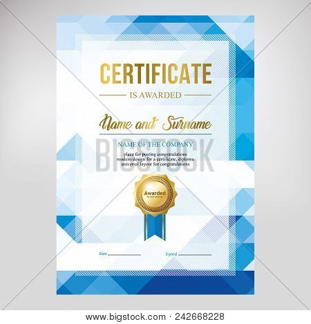 Gift Certificate Design, Honorary Diploma. Creative Geometric Blue Background