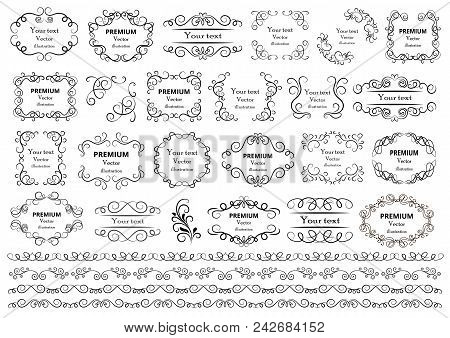 Calligraphic Design Elements . Decorative Swirls Or Scrolls, Vintage Frames , Flourishes, Labels And