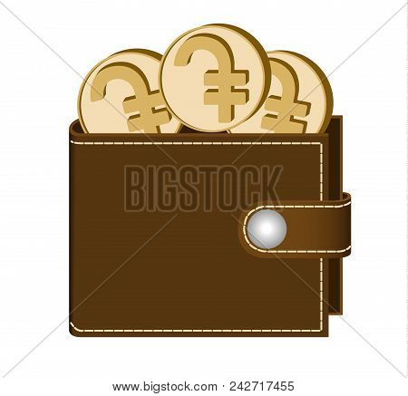 Brown  Wallet With Dram Coins On A White Background , Currency In The Wallet,sign And Symbol Currenc