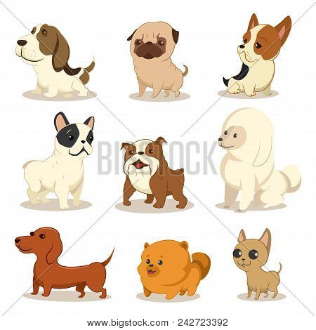 Cute Cartoon Dog Vector Set. Pets Of Different Breeds. Funny Little Puppies. Illustration Of A Doggi