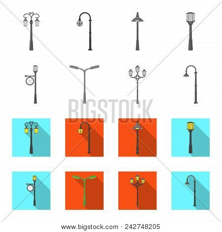 Lamppost In Retro Style, Modern Lantern, Torch And Other Types Of Streetlights. Lamppost Set Collect