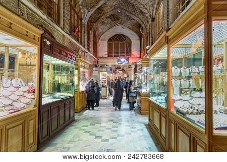 Tabriz, East Azerbaijan Province, Iran - March 15, 2018: People Walk On Amir Bazaar Or Gold Bazaar. 