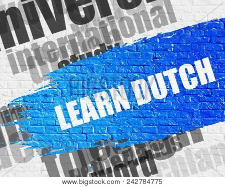 Business Education Concept: Learn Dutch On The White Brickwall Background With Word Cloud Around It.