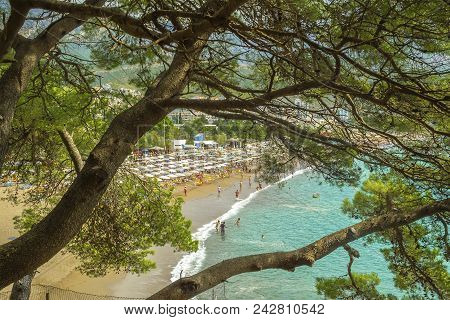Beach With Umbrellas And Sun Loungers. View From The Mountain Through The Trees. Budva. Montenegro S