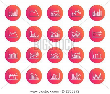 Financial Charts Line Icons. Set Of Candle Stick Graph, Report And Infochart Signs. Growth, Trade An