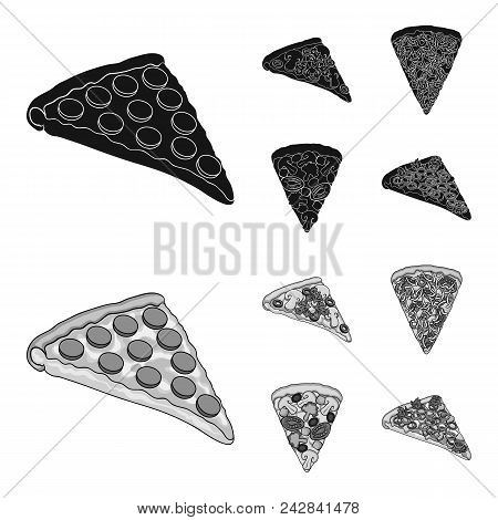 A Slice Of Pizza With Different Ingredients. Different Pizza Set Collection Icons In Black, Monochro