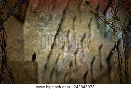 High building with windows and sillouette of bird with barbed wire. 3D rendering