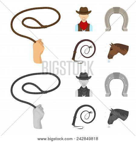 Hand Lasso, Cowboy, Horseshoe, Whip. Rodeo Set Collection Icons In Cartoon, Monochrome Style Vector 